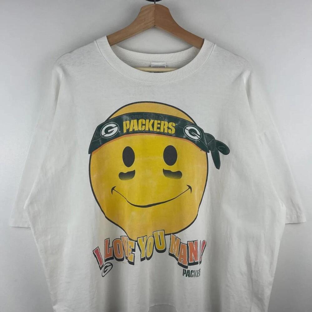 90S Nfl Green Bay Packers Smiley Face I Love You White Tee Size